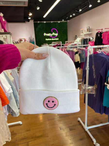 Smiley Beanie- Pink Patch