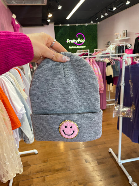 Smiley Beanie- Pink Patch